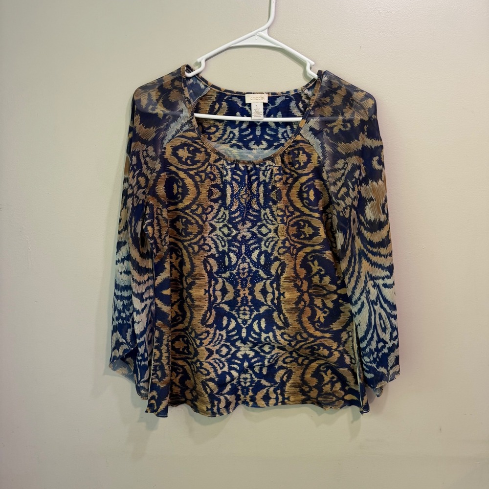 Chicos Women 1 Blue Ikat Damask Print Rhinestone‎ 3/4 Sleeve Blouse Top Medium